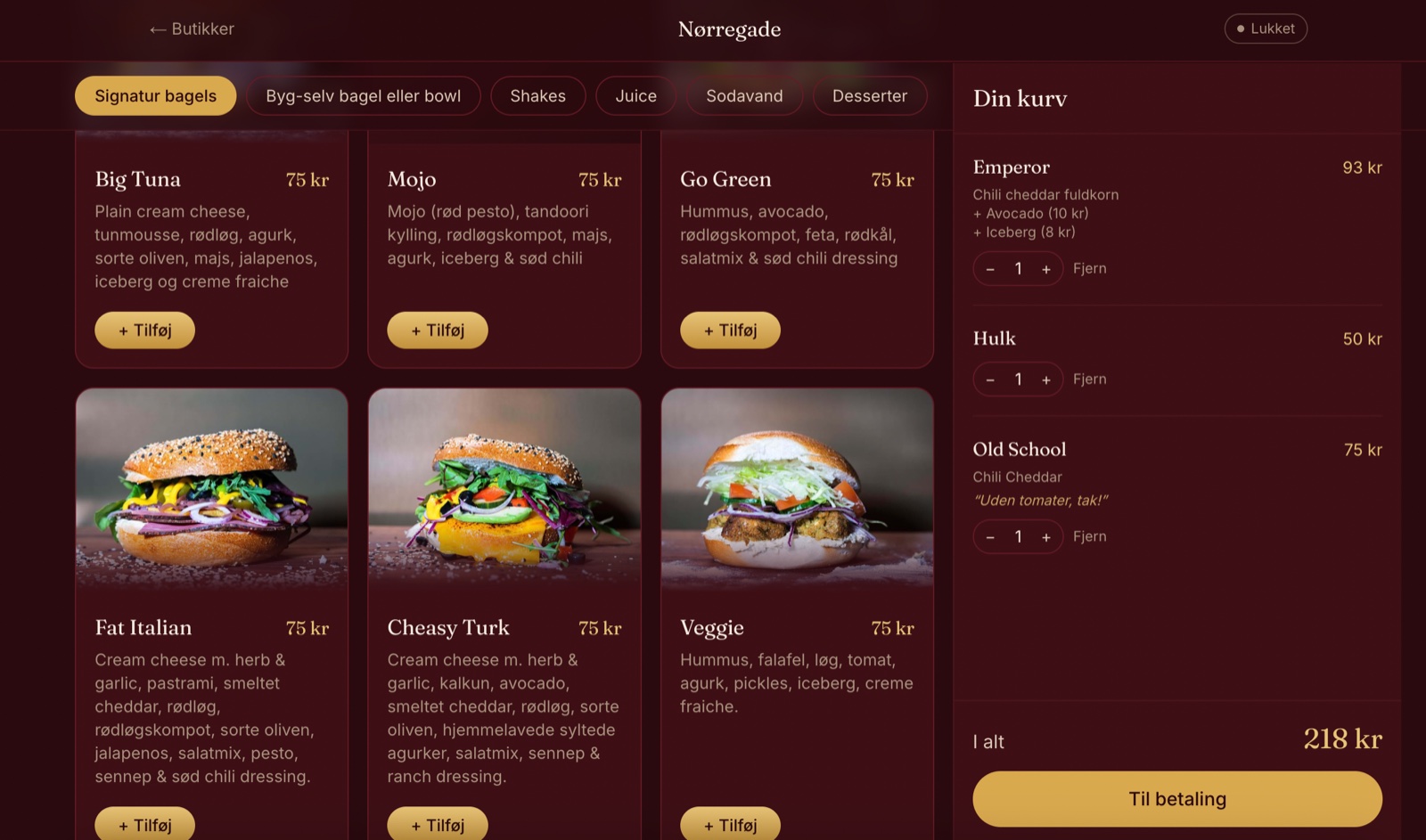 Byens Bagels bestillingssite med menu og kurv