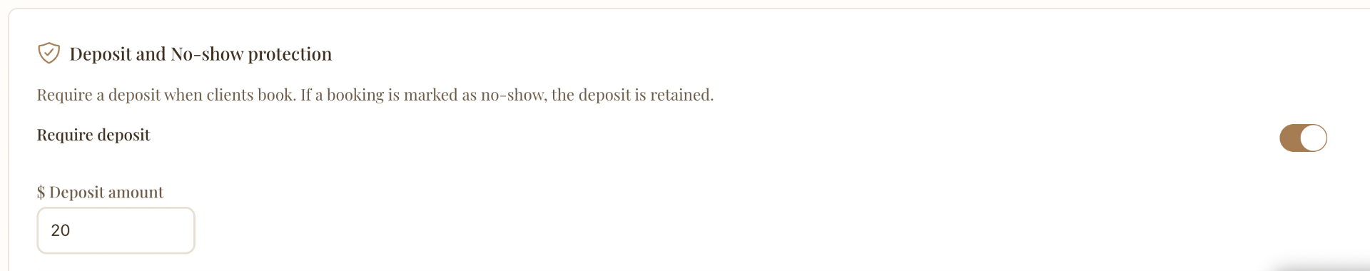 Depositum og no-show beskyttelsesindstillinger drevet af Stripe