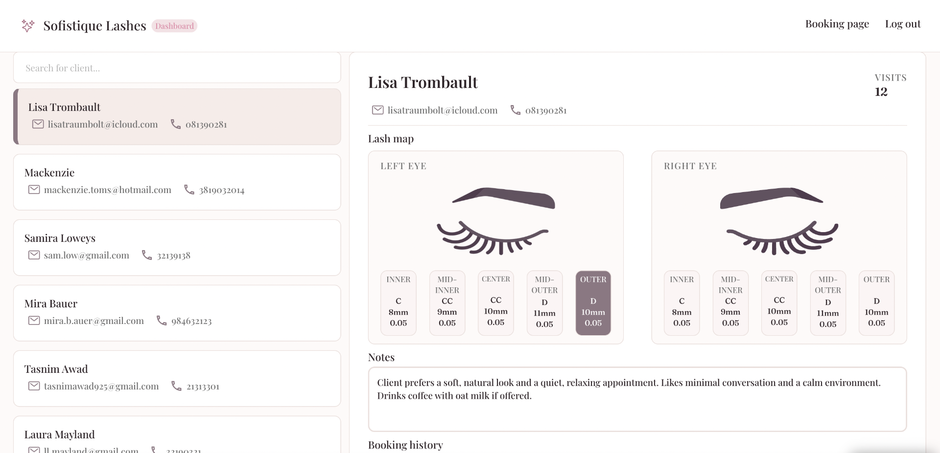 Kundeprofil med lash map og noter
